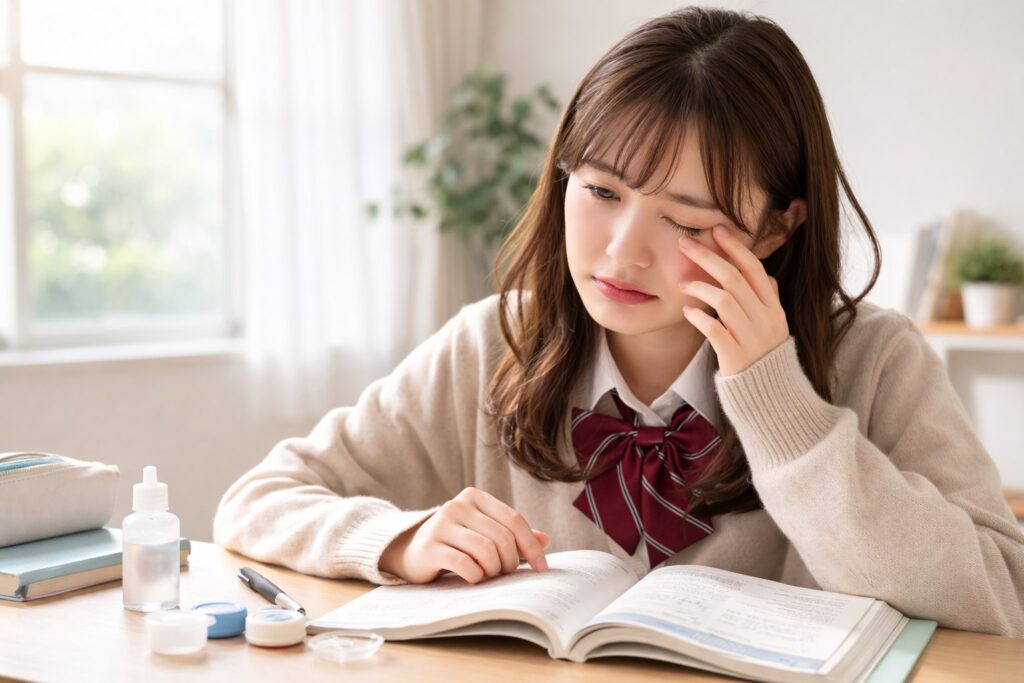 目の中でレンズを紛失して困っている高校生