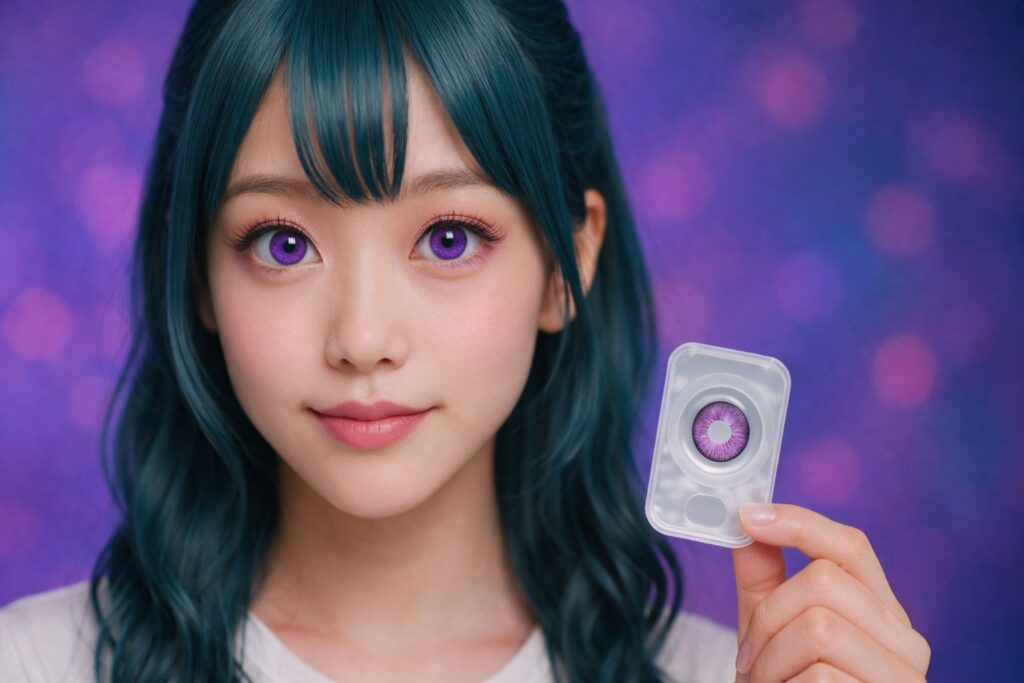 紫の高発色カラコンをつけている女性