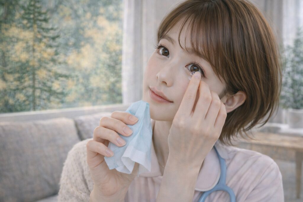 花粉症シーズン中、カラコンをしている女性
